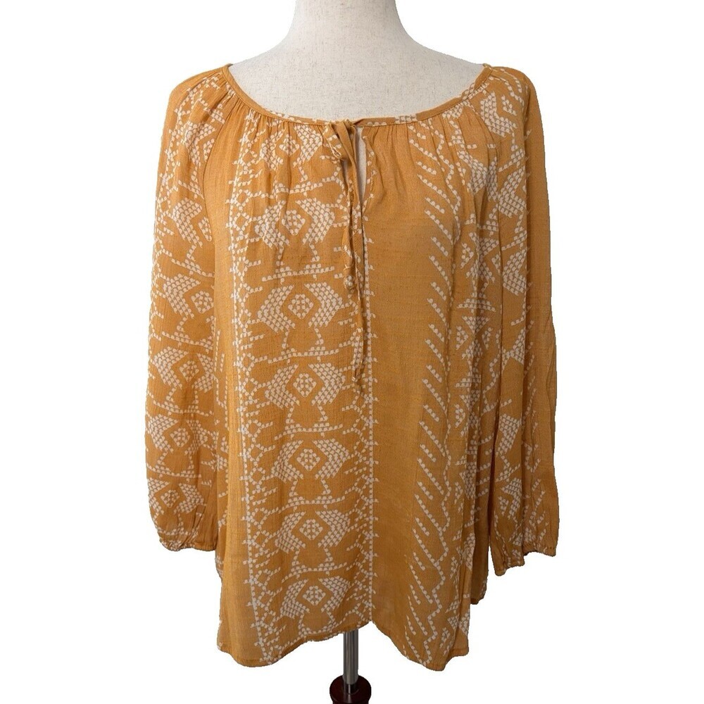 Fred David Womens L Boho Peasant Blouse Mustard Orange Tribal Print Peasant Top